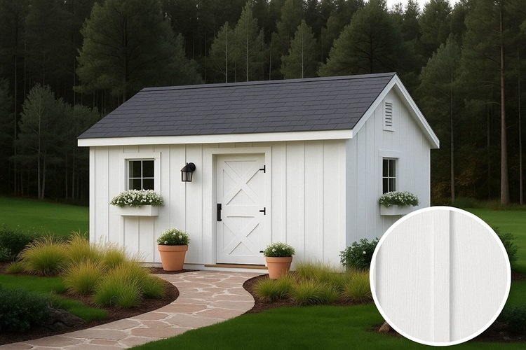 Appalachian-inspired white garden shed with LP SmartSide vertical board and batten siding, black shingle roof, centered barn door, and flower boxes under windows