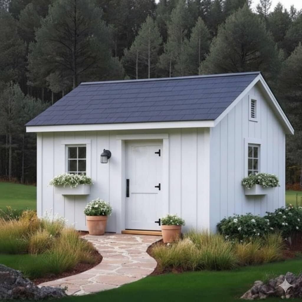 A small white cottage-style garden shed with dark blue shingle roof, two windows with flower boxes, and a white door, surrounded by landscaping including a curved stone pathway, ornamental grasses, and potted plants, set against a backdrop of dense forest trees.
