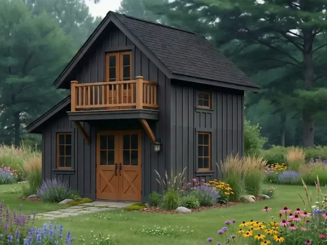 Black bunkie shed with wood-trimmed double doors, second-story balcony, board-and-batten siding, and side extension in a landscaped meadow.
