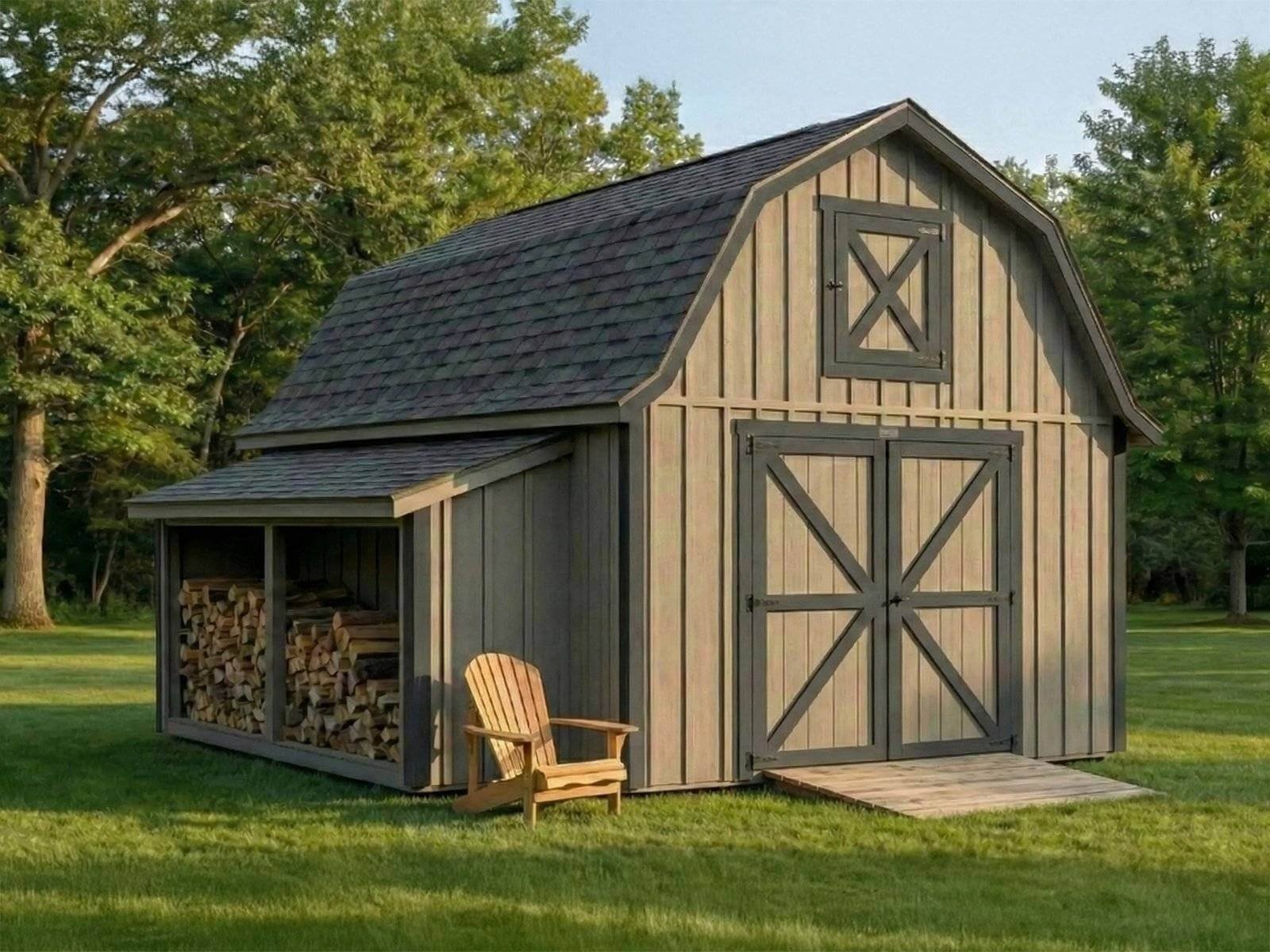 White backyard garden office shed with black roof, French doors, window boxes, and small entry overhang in a landscaped yard.
