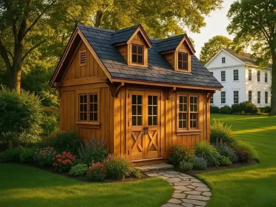 Appalachian carriage house shed with warm wood siding, double dormers, divided-light windows, and double entry doors in a landscaped yard.
