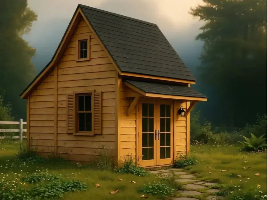 Compact cedar saltbox shed with black roof, black shutters, French entry doors and a loft window, in a grassy setting.
